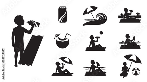 Summer beach vacation silhouette icons, set of 10 vector elements, people drinking beverages on sand, tropical holiday leisure symbols