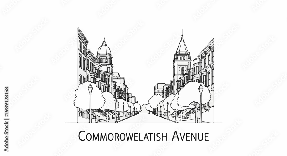 Obraz premium Line drawing of a broad avenue lined with trees and grand buildings