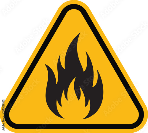 Canvastavla Yellow warning triangle with a black flame symbol representing fire hazard or da