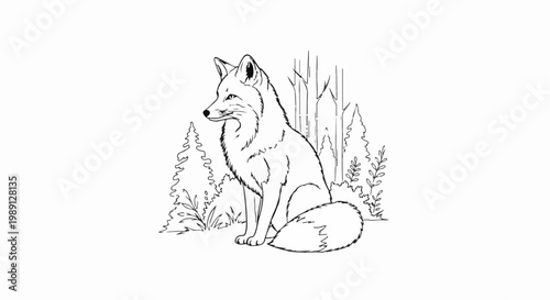 Line art of a sitting fox in a forest setting with tall trees