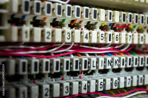 closeup of inside private Automatic Branch exchange telephone PABX system is old technology. Select focus