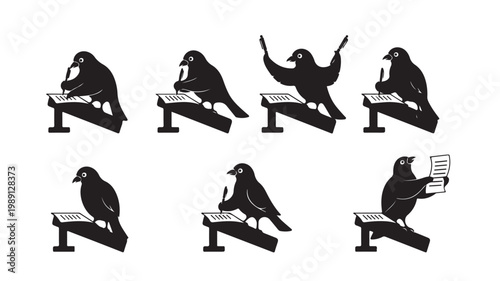 Vintage crow writer silhouette set, black bird author characters at desks, 7 antique style raven icons writing with pens and paper