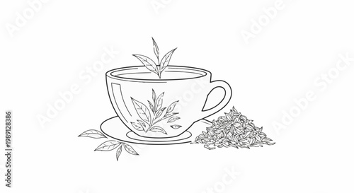 Line art of a teacup with loose tea leaves and fresh tea sprigs