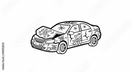 Line drawing of a heavily damaged sedan with tape and cracks