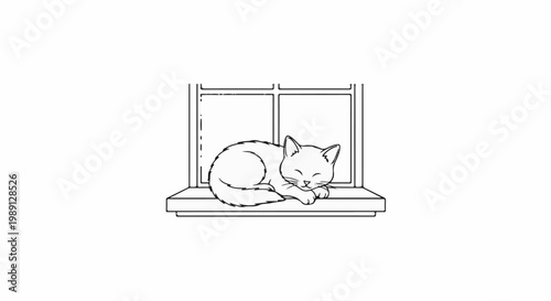 Line art drawing of a small, cute cat sleeping on a window ledge