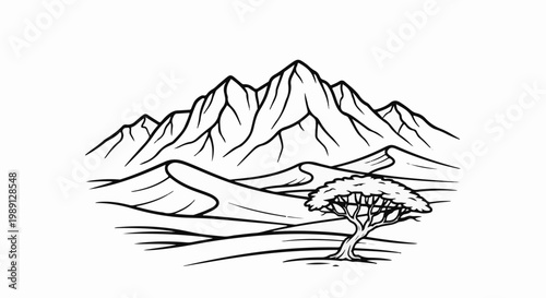 Majestic mountains overlook rolling dunes and a solitary, windswept tree