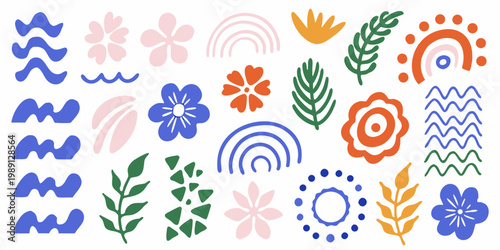 A collection of colorful abstract floral and wave shapes on a white background