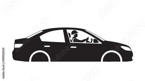 Black car silhouette with driver icon, modern sedan vehicle side view vector, minimalist automobile transportation graphic for logistics and ride sharing