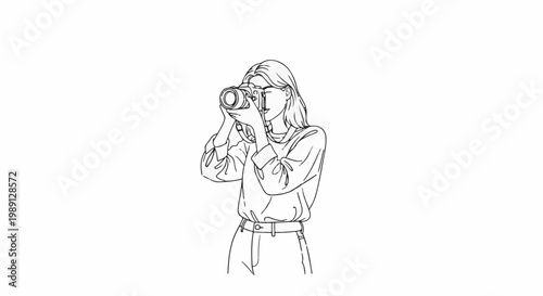 Line art drawing of a young woman holding a camera and taking a picture