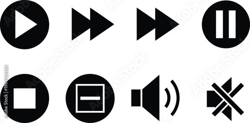 Collection of black media control icons including play, pause, stop, and volume buttons.