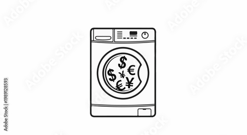 Line art of a washing machine drum filled with currency symbols