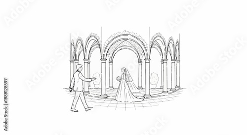 Man approaches veiled woman in a grand arched courtyard with trees
