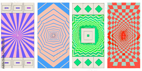 A series of four vertically arranged panels displaying vibrant geometric optical illusions