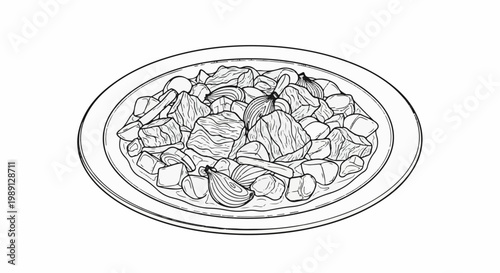Line drawing of a plate filled with chunks of meat and onion slices in sauce