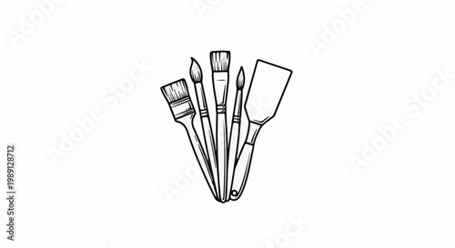 Line drawing of a set of art brushes and a spatula on a white background
