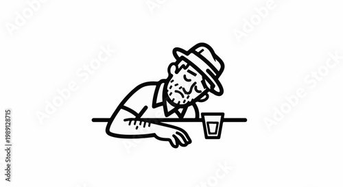 Man in hat asleep at bar with drink