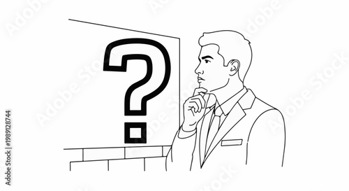 Man in suit contemplating a large question mark symbol