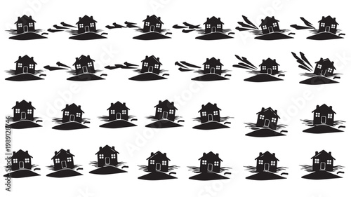 Natural disaster house flood icons, black silhouette home destruction set, 25 vector elements showing sinking houses and rising water levels