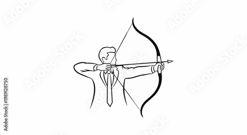 Man in suit aiming bow and arrow, preparing to shoot