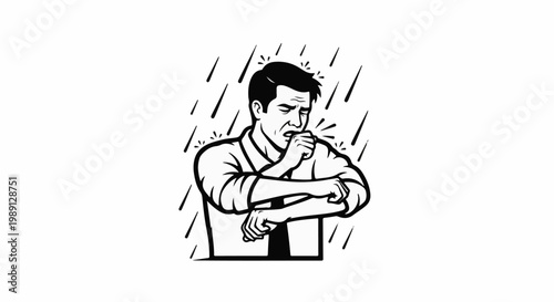 Man in shirt coughing violently amidst diagonal lines