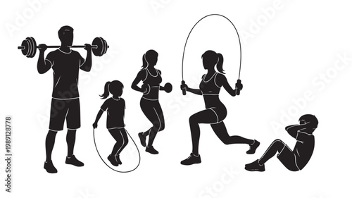 Fitness family silhouette vector set, active people exercising and weightlifting, healthy lifestyle workout collection with jumping rope and sit-ups