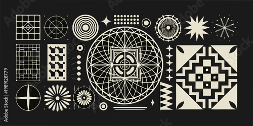 A collection of intricate geometric shapes and patterns in a minimalist monochrome style