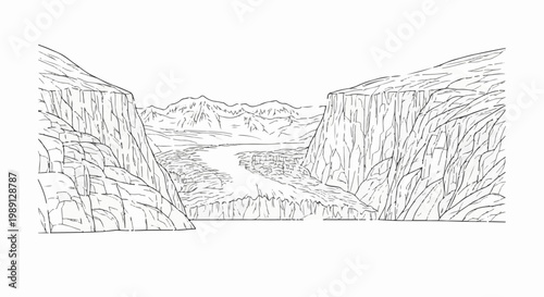 Line drawing of a vast, rugged glacial landscape with steep, textured cliffs