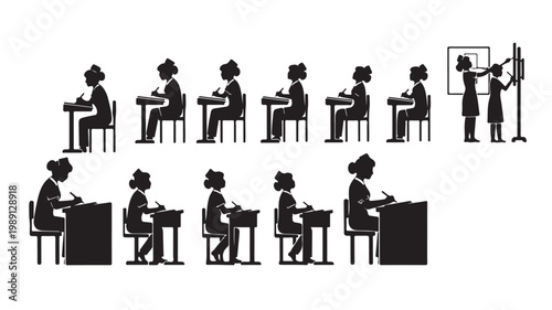School classroom silhouette vector set, students sitting at desks in a lecture hall, teacher and pupil at the blackboard, educational learning icons