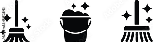 Minimalist Broom and Bubbling Cleaning Bucket Icon Set, vector, illustration, silhouette.