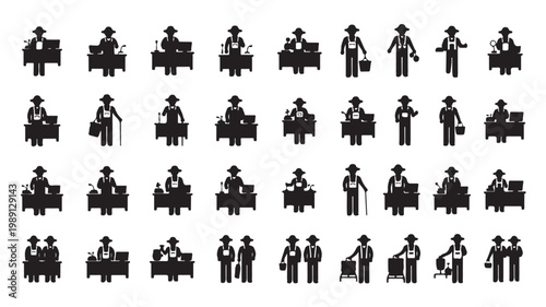 Black silhouette icons of market vendors and street food stalls, set of 32 merchant pictograms, retail shopkeeper and small business owner vector elements