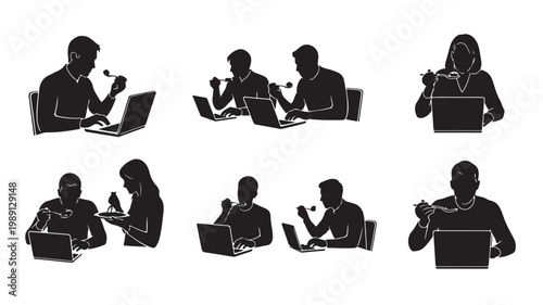 Business people eating lunch while working on laptops silhouette set, office workers multitasking with computers and food, professional employee silhouettes