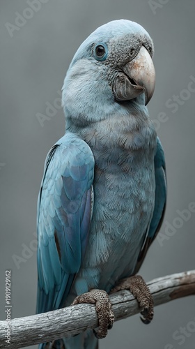 Spix macaw sitting on a branch against a neutral background