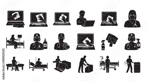 Medical cleaning and disinfection icons set, healthcare hygiene and sanitation vector silhouettes, hospital sterilization and laptop cleaning symbols