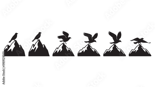 Minimalist bird taking flight from mountain peak vector, black silhouette of bird flying sequence, mountain summit and wildlife icons set