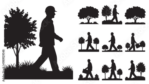 Construction worker silhouette set, engineer walking in park with trees vector, professional man in hard hat outdoors, 10 industrial worker icons