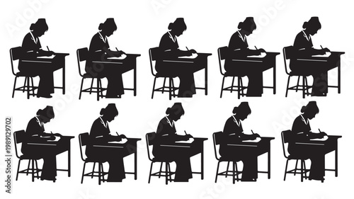 Black silhouette students sitting at desks, classroom education vector set, school pupils writing at tables, academic learning group icons