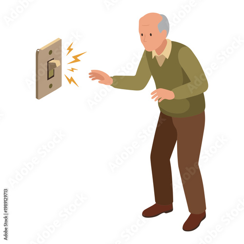 An elderly man shocked by an electrical outlet in his home.