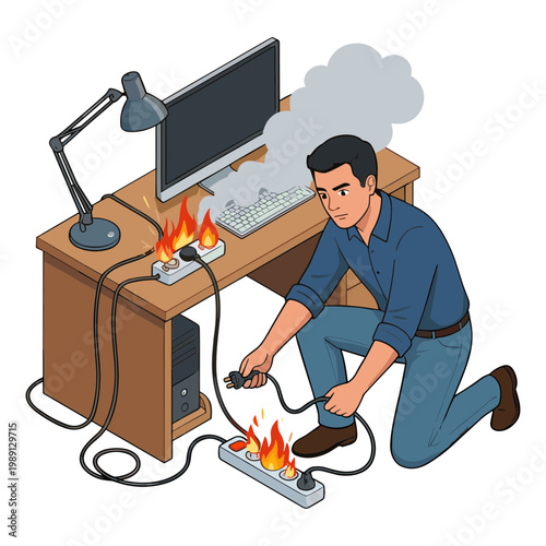 Man kneeling beside burning computer and electrical equipment at office desk