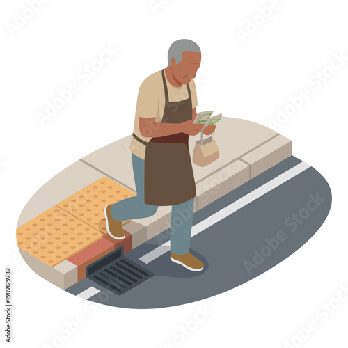 Man in apron walking on sidewalk with bag and looking down