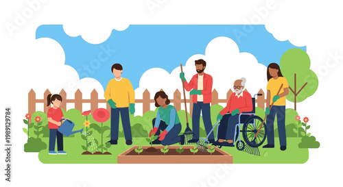 Diverse group planting garden.