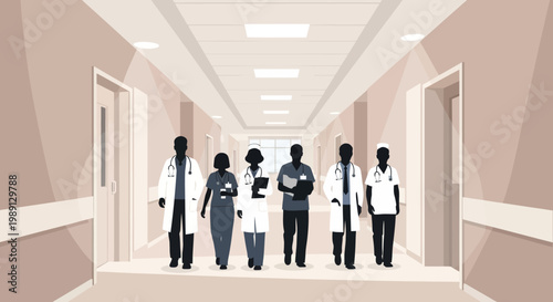 Medical team in hospital hallway.