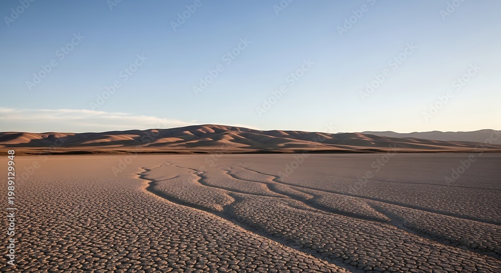 Fototapeta premium Cracked Arid Desert Floor and Rolling Hills Under a Clear Sunset Sky