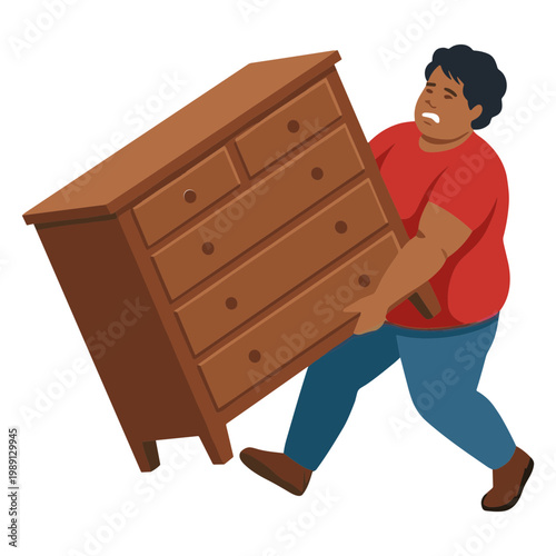 A person lifting a large wooden dresser with effort and strain.