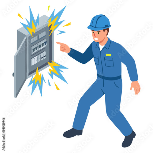 Electrician reacting to an electrical explosion from a fuse box