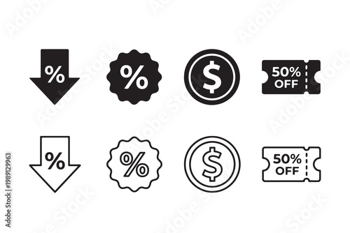 Set of black and white featuring percentage arrows, discount badges, dollar coins, and fifty percent off tickets