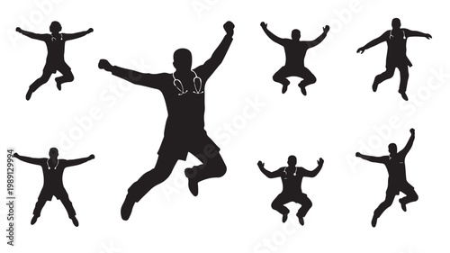 Jumping doctor silhouettes set, happy medical professional vector icons, celebrating healthcare workers with stethoscopes, 7 black figures on white