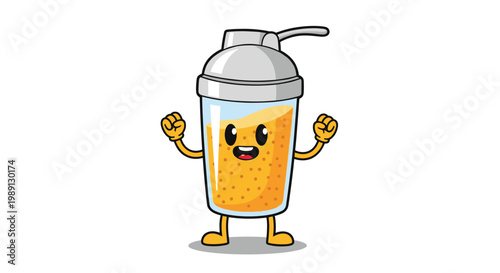 Energetic shaker cup character with a happy face and raised arms representing protein shakes, fitness supplements, and healthy energy.