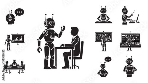 Artificial intelligence robot icons set, humanoid cyborg and human business collaboration silhouettes, futuristic automation technology vector collection
