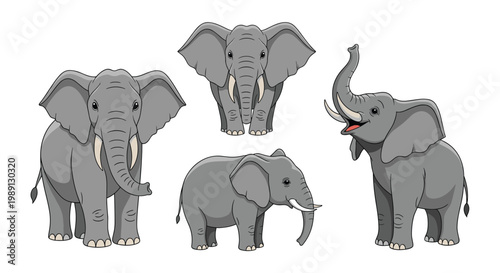 Various elephant illustrations showing these majestic animals in different poses including walking, trumpeting, and standing for wildlife art.