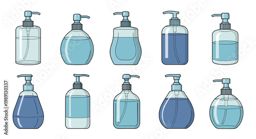 Extensive collection of blue hand sanitizer and liquid soap pump bottles in various shapes for daily hygiene and medical use.
